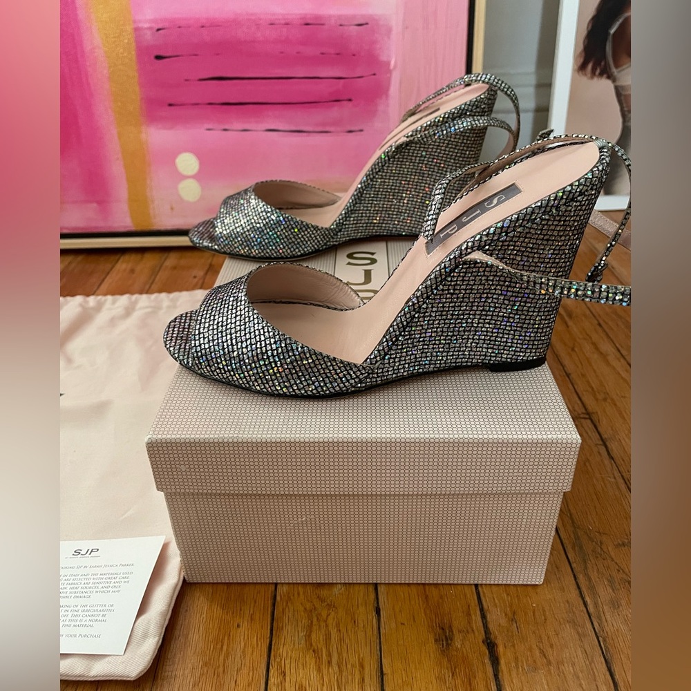 SJP (Sarah Jessica Parker) Glitter Wedge “Boca” Sandals (size 37.5)